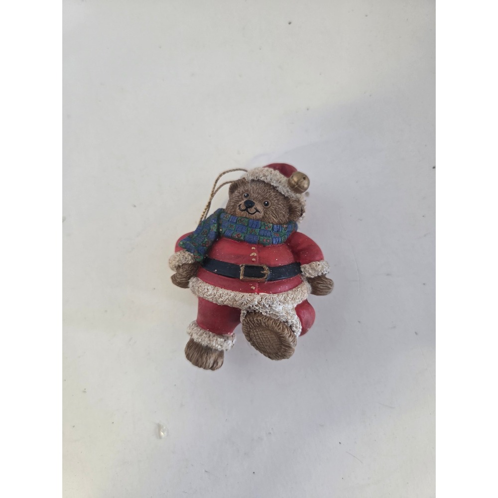 Resin Teddy Bear Santa Christmas Ornament Red Suit Blue Plaid Scarf Figurine